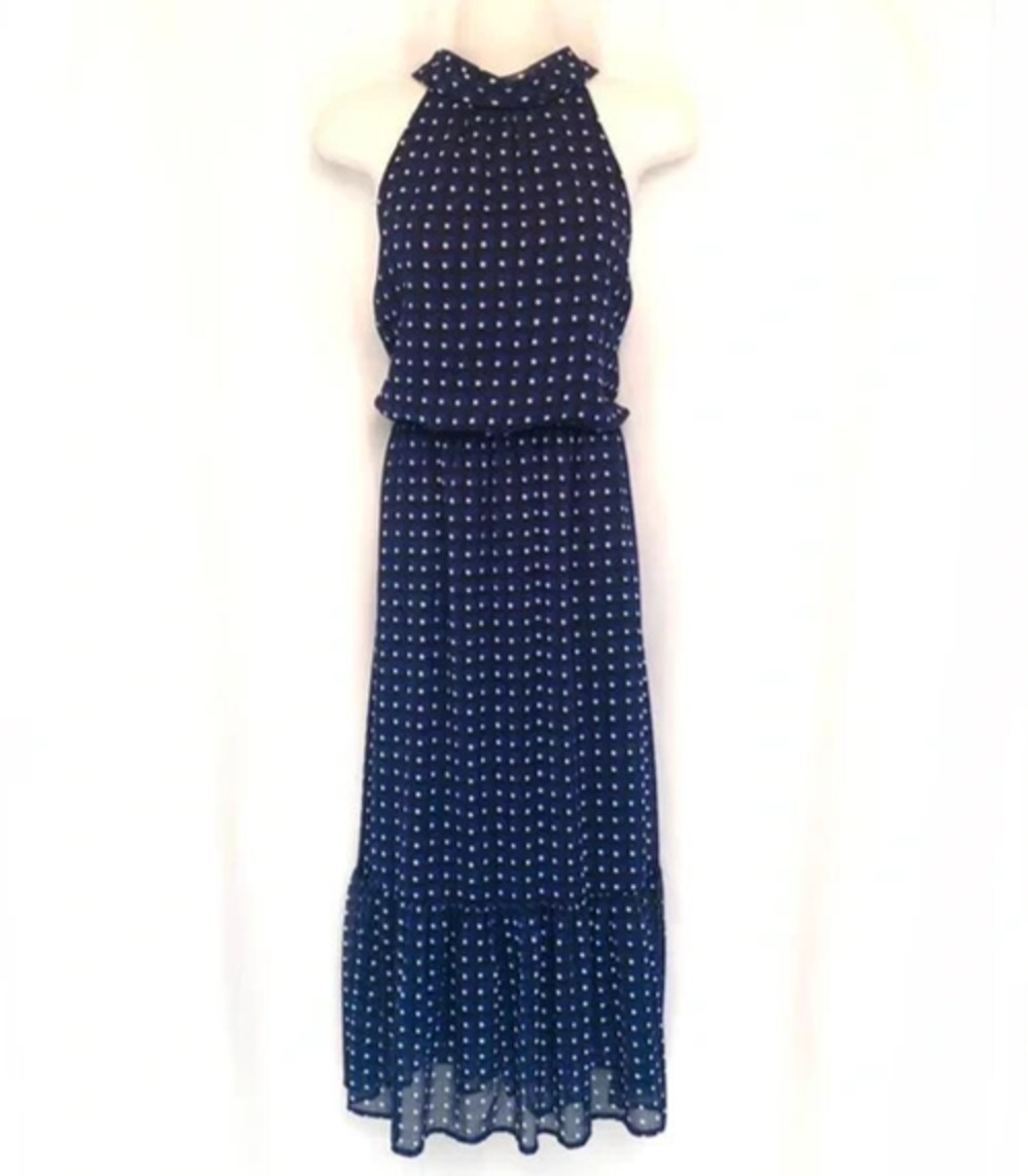 Banana Republic Blue Print Midi Dress Tie Back Ruffle Hem Sleeveless XS